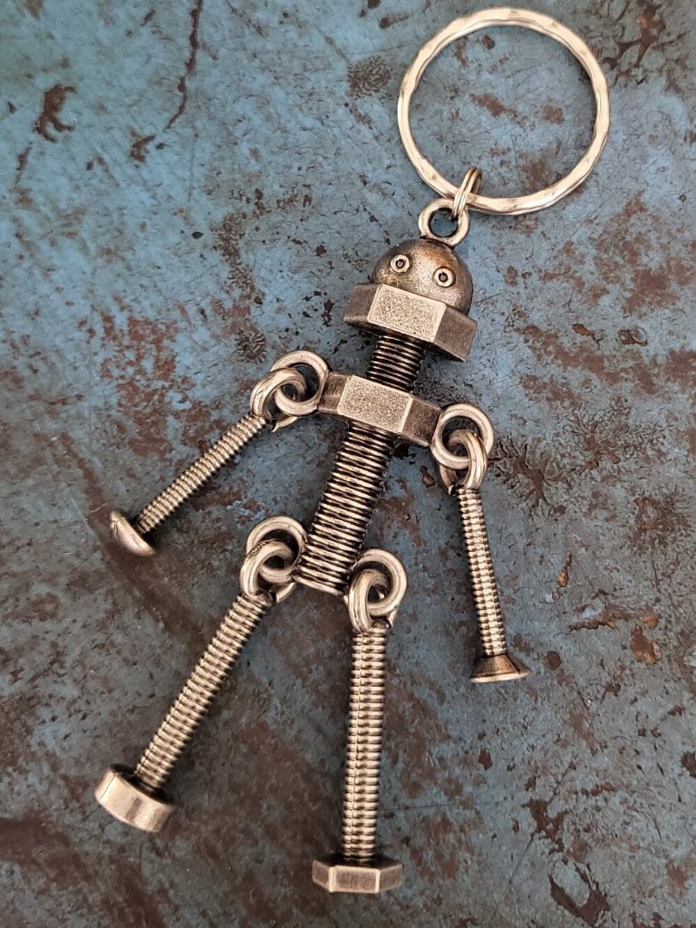 Robot Keychain Antique Silver Steampunk Industrial Screw Nut Keyring Charm